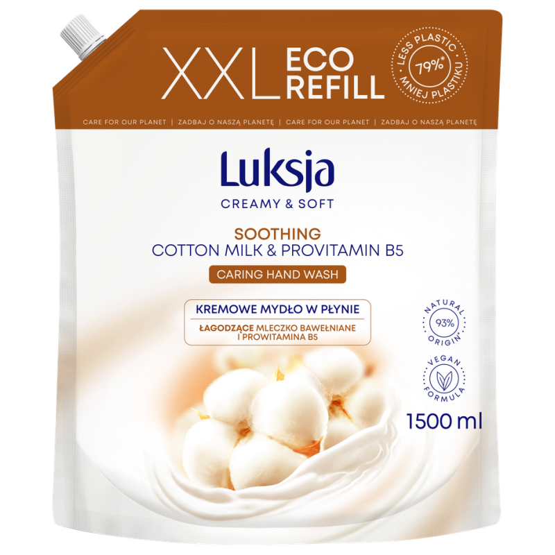 Luksja Creamy & Soft Kremowe mydło w płynie Mleczko Bawełniane i Prowitamina B5 1500 ml opakowanie uzupełniające